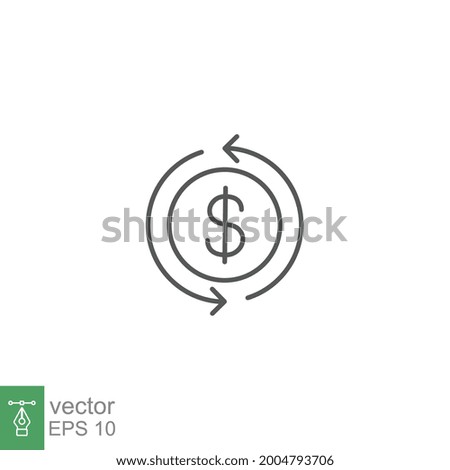 Cashback icon, return money. Cash back rebate, Reinvest earning, chargeback, Dollar coin with arrow, credit payment tax exchange simple thin line Vector illustration Design, white background EPS10