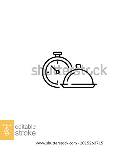 Fast cooking food icon. time or clock and serving dish of gourmet culinary concept. Snack bar. line or outline pictogram style. Editable stroke. vector illustration. design on white background. EPS 10