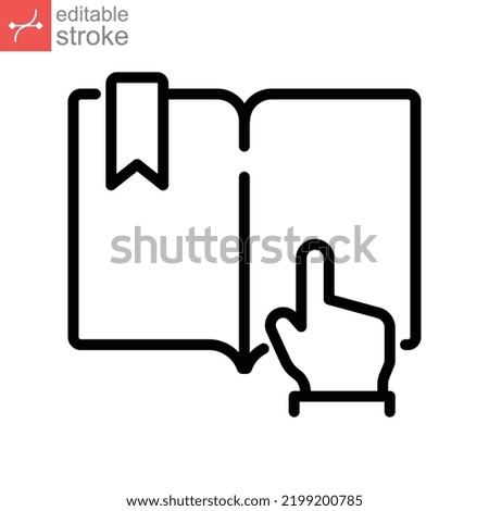 Book click vector icon, Click on online book symbol. open study and reading literature with hand pointer. outline logo pictogram Editable stroke Vector illustration design on white background. EPS 10
