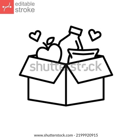 Food donations linear icon, pantry, food bank meal charity line collection logo Box with love. humanitarian volunteer activity. Editable stroke vector illustration design on white background EPS 10