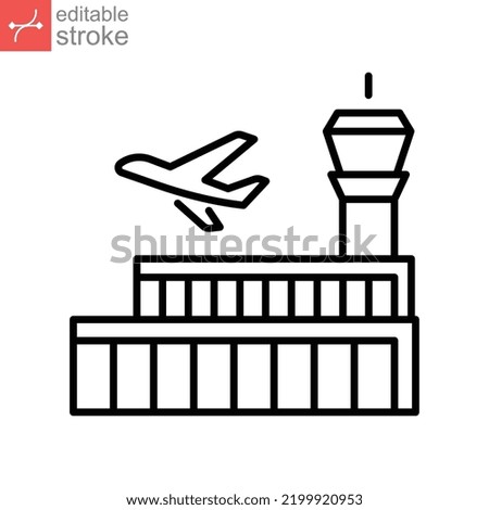 Airport building line icon symbol. airplanes on runway, aircraft control tower terminal building. Travel f tourism planning Editable stroke vector illustration design on white background EPS 10
