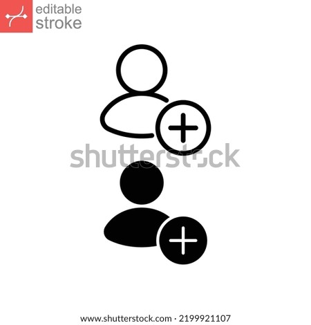 Add friend line and glyph icon. Profile user. Follows person symbol. User Add Contact. Simple pictogram outline and flat style. Editable stroke. Vector illustration. Design on white background. EPS 10