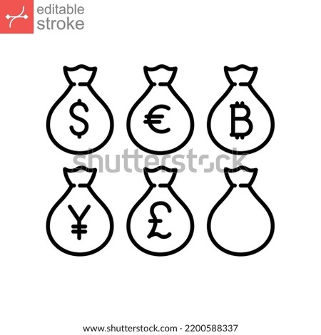 Bags with money sign line coin, set of Currency dollar, euro, british pound sterling, japanese yen, indian rupee financial banking Editable stroke Vector illustration Design on white background EPS 10