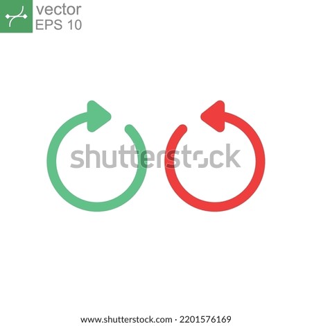 Rotate clockwise in green colour and rotate counterclockwise arrows in red sign icon. Circular arrow direction button in mirrored with two style. Vector illustration. Design on white background EPS 10
