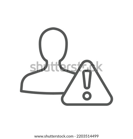 Invalid user profile. Important Caution notice of personal fake account. Internet person id and fraud risk data alert. Male User warning icon. Vector illustration filled outline style. EPS10