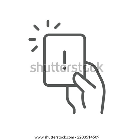 Hand holding card with exclamation mark for error card symbol. Penalty proof, Soccer or football referees hand with foul card warning icon. Vector illustration filled outline style. EPS10