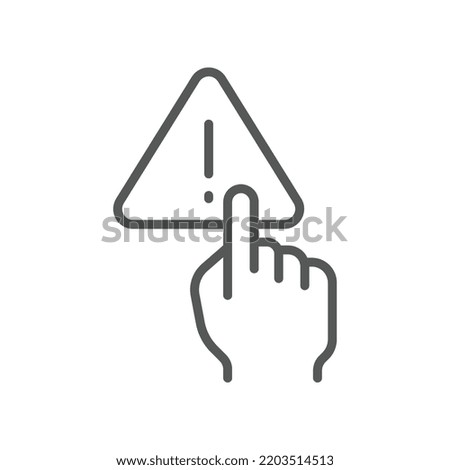 Index finger touch triangle warning symbol with exclamation mark inside for no manage hand sign. Finger, gesture, hand, interaction, warning icon Vector illustration filled outline style. EPS10