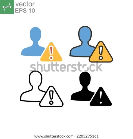 Invalid user profile. Important Caution notice of personal fake account. Internet person id and fraud risk data alert. Male User warning icon. Vector illustration. Design on white background. EPS10
