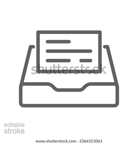 Documents drawer icon. Open new mail. Cabinet archive, file drawer, office storage, business document inbox, paper drawer. Line Editable stroke Vector illustration. Design on white background. EPS 10