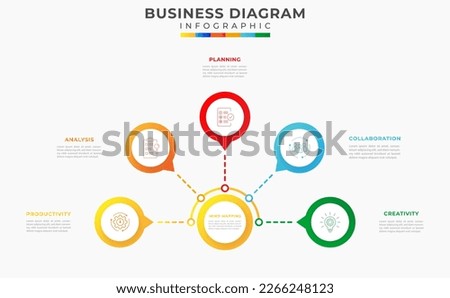 5 Steps Modern Mind mapping Diagram with topic and icon symbols, presentation vector infographics. Infographic template for business.