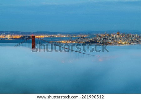 Golden Gate Bridge sleeps in a coat of fog.