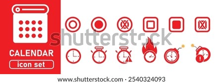 Calendar Icon Set. Features editable time management symbols. Includes icons for months, days, weeks, reminders, and more. Perfect for websites, and apps related to scheduling, planning, deadline.