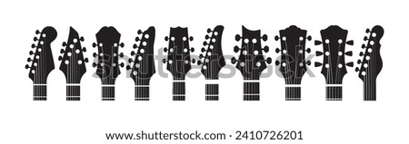 Similar – Image, Stock Photo A black guitar head with the golden tuning pegs and the plastic and metal sides attached to the white screws. A small part of the fingerboard is still visible.