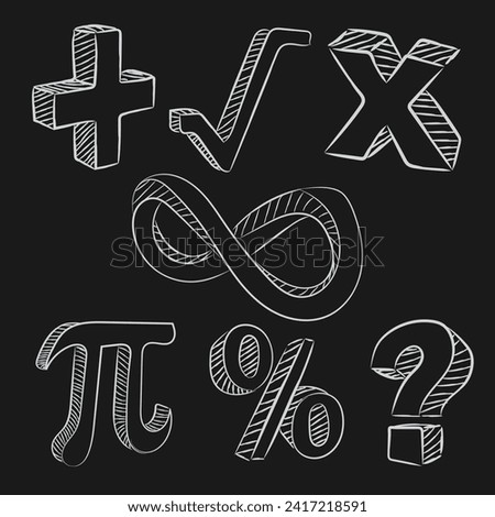 vector illustration math symbol. simple doodle. handwritten. white isolation black background. less. divide. percent etc. 