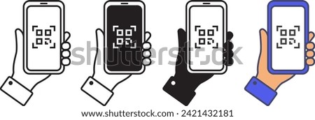 vector QR code scanning on smartphone. hand holding smartohone scanning QR code. payment. web. mobile app. promo. Vector illustration