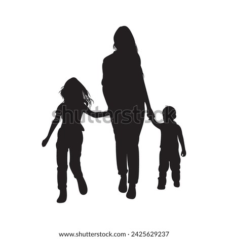 silhouette mother 2 sons. vector illustration. black isolated white background