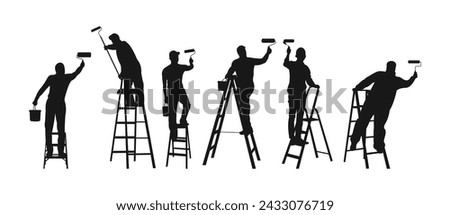 silhouette of a mature man painting a wall using a ladder. black isolated white background