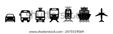 transportation icons car bus train cruise ship airplane black silhouette