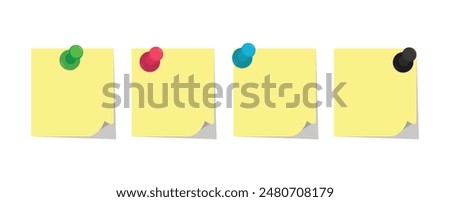 yellow note papers curled corners pinned isolated white background 