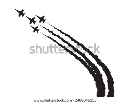 jet fighter airplane flying formation smoke line black isolated white background