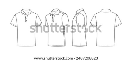 polo golf shirt template outline front side back view isolated white background