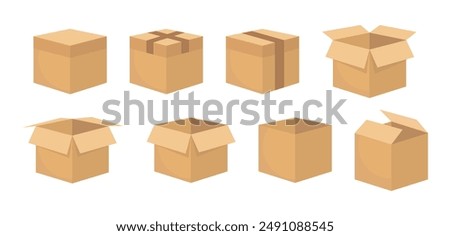 packaging box flat design brown set of vector illustration isolated white background 