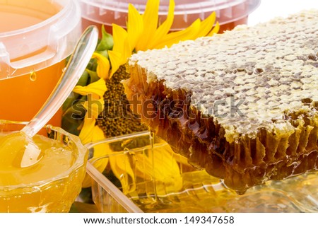 Different varieties of honey, honeycombs and sunflower