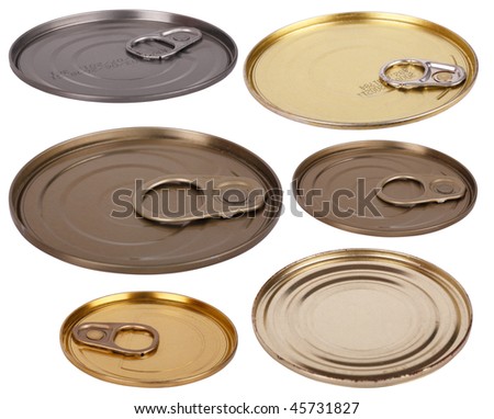 Six metal lids from cans of beer, canned food, juice, beverage. Isolated on white background