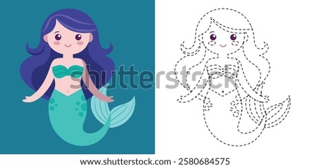 Trace and Color Cute Mermaid Cartoon Character Design
