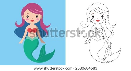 Beautiful Trace and Color Mermaid Cartoon Character Vector Design
