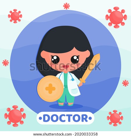 cartoon character illustration of cute girl in doctor uniform fighting virus with sword and shield. suitable for mascot, stickers, medical illustration, and design decoration.