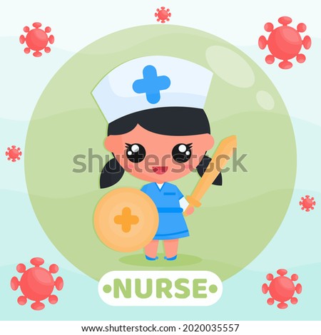 cartoon illustration of cute nurse fighting virus with sword and shield. suitable for mascot, stickers, medical illustration, and design decoration.