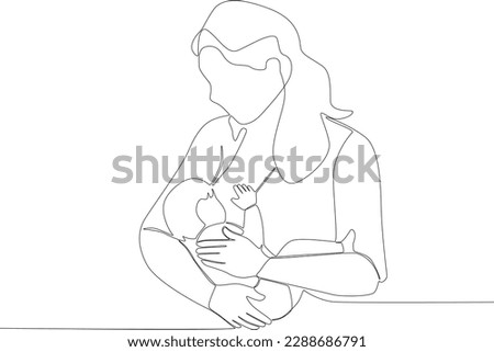 A mother stares at her baby while breastfeeding. Pregnant and breastfeeding one-line drawing