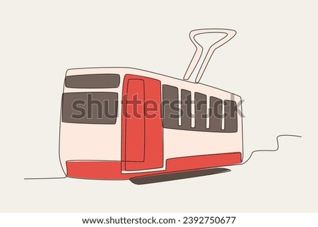 Color illustration of a tram. Tram one-line drawing