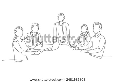 Board of directors meeting with five people. Board of directors concept one-line drawing