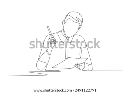 Teacher who is taking student absences. Teacher in classroom concept one-line drawing