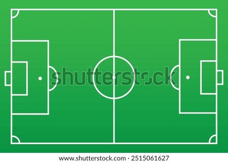 Soccer field vector illustration. Green grass pitch with white lines, goals, and corner markings for football games and competitions.