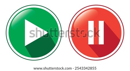 Play and pause 3D buttons isolated on white background. Green and red buttons with play and pause symbols for video, music, audio concepts, vector illustration.