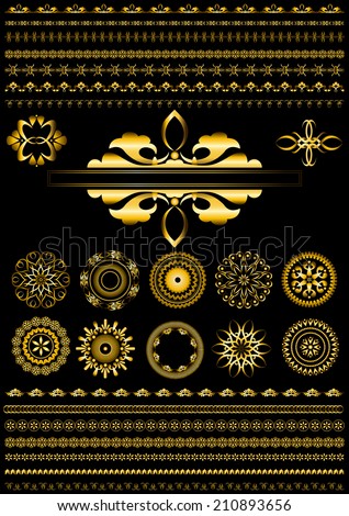 Gold round ornaments and collection of gold border on black background