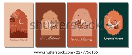 Happy Ramadan Kareem set of greeting card, posters, and banners. Design with iconic things about Ramadan.