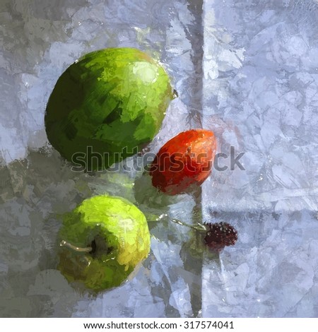 Impressionistic still life digital art painting. Fruit on a table, tablecloth. Mango, Apple, plum, blackberry.
