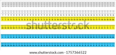 Measure Tape ruler metric measurement. Metric ruler. 200 centimeters metric vector ruler with yellow and black color. Two version, from left to right and opposite. 2, 4, and 8 centimetre wide. 