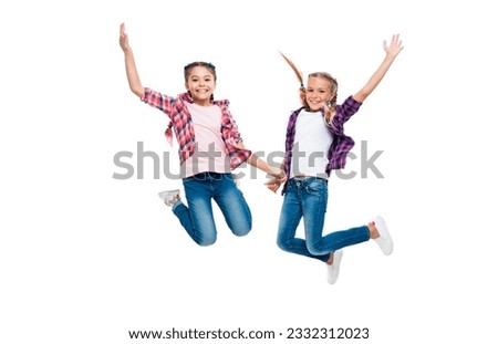 Similar – Image, Stock Photo 2 children jumping on a bouncy cushion in the park