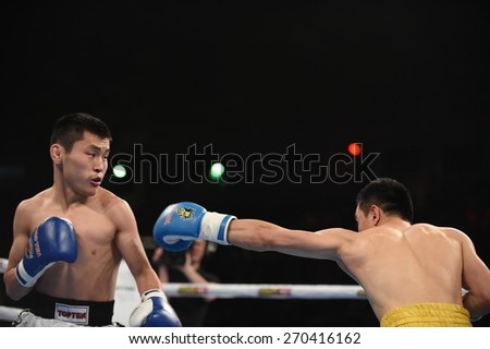 Kyiv, UKRAINE - April 17, 2015 :  DUSMATOV Hasanboy (UA) in the ring during boxing fight Ukraine Otamans vs China Dragons in Palace of Sport in Kiev, Ukraine