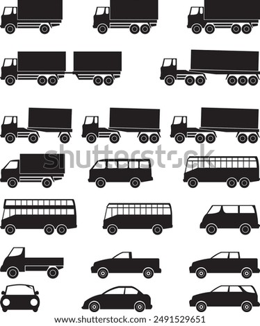 icon set of silhouettes of heavy vehicles trucks buses and mini buses isolated on white background