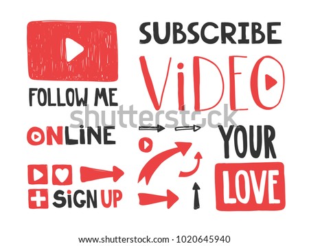 You tube video channel player. Vlog or video blogging or video channel buttons set. Vector illustration. Flat Social Media Background Sign Download. Play Vector Logo. icon stickers
