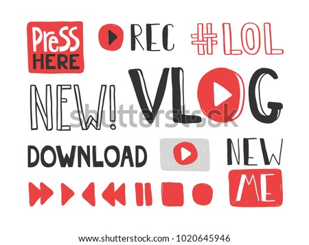 You tube video channel player. Vlog or video blogging or video channel buttons set. Vector illustration. Flat Social Media Background Sign Download. Play Vector Logo. icon stickers