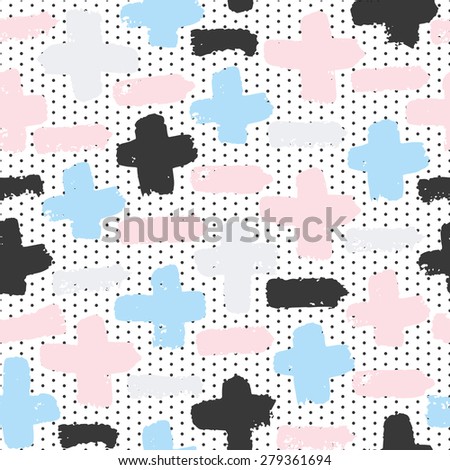 Vector seamless pattern with calligraphic brush strokes pluses and minuses on dots background. Pink, blue, gray, black and white colors. Good for wedding invitation, birthday card, school notebook.
