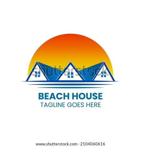 logo template for a beach inn. There are three houses in the form of a logo with the sun behind it.