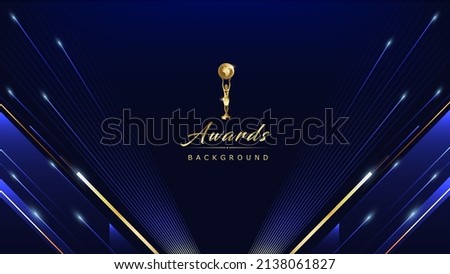 Dark Blue Golden Royal Awards Graphics Background. Lines Growing Elegant Shine Spark. Luxury Premium Corporate Abstract Design Template. Classic Shape Post. Center LED Screen Visual. Lights Fireworks  Сток-фото © 